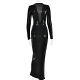 Sexy Chic V-Neck Long Sleeve Patchwork Pleated Leather Dress