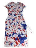 Sexy Stars And Stripes Print Short Sleeve Drawstring Irregular Casual Dress