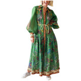 Autumn Printed Printed Long Sleeve Button Up Long Dress For Women