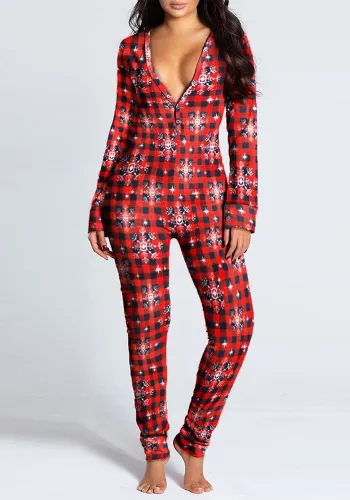 Autumn And Winter Button Flip Adult Pajamas Printed Christmas Long-Sleeved Home Clothes Jumpsuit