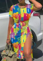 Sexy Multicolor Print Short Sleeve Drawstring Irregular Casual Dress