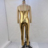 Women's Autumn And Winter Metallic Sexy Straps Tight Fitted Jumpsuit
