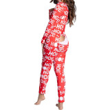 Autumn And Winter Button Flip Adult Pajamas Printed Christmas Long-Sleeved Home Clothes Jumpsuit
