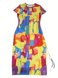 Sexy Multicolor Print Short Sleeve Drawstring Irregular Casual Dress