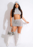 Women's Sleeveless Hooded Hollow Sexy Knitted Two Piece Skirt Set