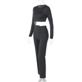 Women Casual Round Neck Long Sleeve Top and Pants Two-piece Set