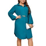 Autumn Plus Size Women Lace-up Turndown Collar Cardigan Long Sleeve Dress