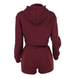 Women pockets hooded and shorts two-piece set