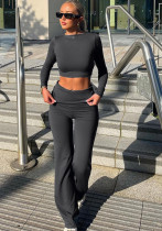 Women Casual Round Neck Long Sleeve Top and Pants Two-piece Set