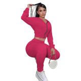 Women Solid Zipper Hoodies and Pant Casual Two-piece Set