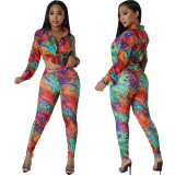 Women Casual Printed Long Sleeve Top and Pant Two-piece Set