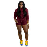 Women pockets hooded and shorts two-piece set