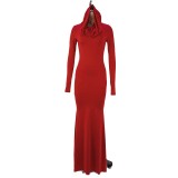 Women Autumn Solid Hooded Long Sleeve Dress
