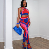 Women Contrast Print Sexy Sleeveless Halter Neck Crop Top and Pants Sports Two-piece Set