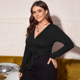 Plus Size Women V Neck Knotted Crossover Crop Top