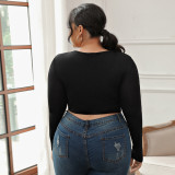 Plus Size Women Sexy V-Neck Black Long Sleeves Basics Top