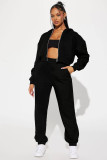 Women Casual Solid Zipper Hoodies and Pant Two-Piece Set