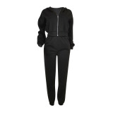 Women Casual Solid Zipper Hoodies and Pant Two-Piece Set