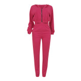 Women Solid Zipper Hoodies and Pant Casual Two-piece Set