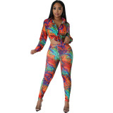 Women Casual Printed Long Sleeve Top and Pant Two-piece Set