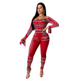 Women Long Sleeve Printed Bodysuit and Pant Two-piece Set