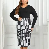 Plus Size Women Printed Long Sleeve Round Neck Dress