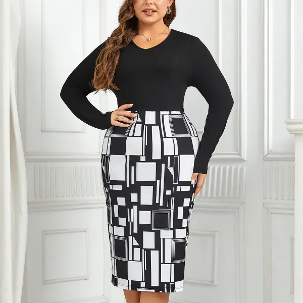 Plus Size Women Printed Long Sleeve Round Neck Dress