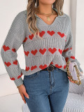 Women Fall/Winter Casual V-neck Balloon Sleeve Heart Print Sweater