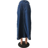Women Ripped Washed Slit Patchwork Sexy Denim Skirt