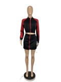 Women Patchwork Contrast Color Rope Zipper Top and Skirt Two-piece Set