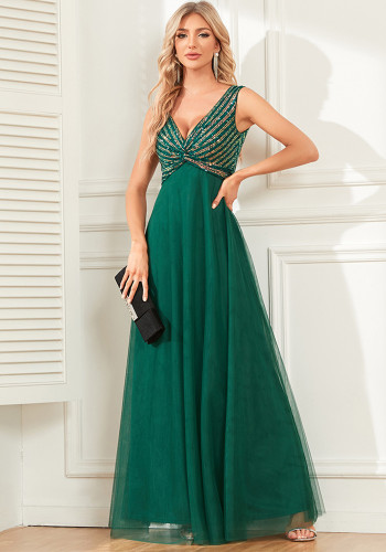 Dark Green Women's Double V Neck Sleeveless Evening Dress Striped Sequin Patchwork A-Line Elegant Dress