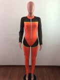 Sexy Plus Size Women's Clothing Color Block Mesh Long Sleeve Zipper Casual Jumpsuit