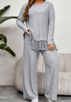 Irregular Fringed Long-Sleeved Top And Loose Wide-Leg Pants Suit