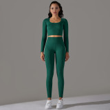Seamless Knitting Solid Color Jacquard Low-Cut Tight Fitting Long-Sleeved Yoga Suit Sports Fitness Two-Piece Set