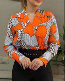 Autumn Loose Long-Sleeved V-Neck Pullover Printed Shirt For Women