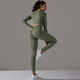 Seamless Knitting Solid Color Jacquard Low-Cut Tight Fitting Long-Sleeved Yoga Suit Sports Fitness Two-Piece Set