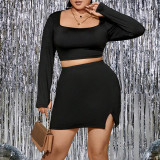 Autumn And Winter Solid Color Sexy Square Neck Hollow Slim High Waist Slit Skirt Set