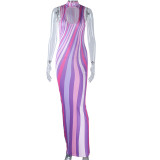 Fashion Printed Sleeveless Hollow Contrast Color Street Bodycon Women Long Dress