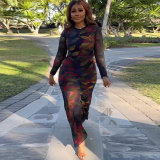 Sexy Printed Stretch Round Neck Long Sleeve Bodycon Tight Fitting Mermaid Long Dress