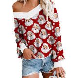Women's Autumn And Winter Double V-Neck Christmas Print Patchwork Long Sleeve T-Shirt