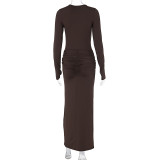 Women's Autumn And Winter Round Neck Fashionable And Sexy Slim Slit Long Sleeve Skirt Suit
