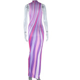 Fashion Printed Sleeveless Hollow Contrast Color Street Bodycon Women Long Dress