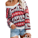 Women's Autumn And Winter Double V-Neck Christmas Print Patchwork Long Sleeve T-Shirt