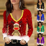 Women's Christmas Elk Print V-Neck Casual Long Sleeve T-Shirt