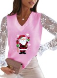 Christmas Women Printed Lace Sleeve Top