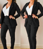 Women Printed Casual Blazer and Pant Two-Piece Set with Belt