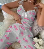 Women lace lace suspender print Loungewear pajamas two-piece set