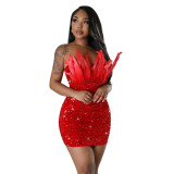 Women Feather Sequins Sexy Bodycon Dress