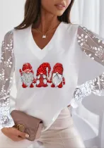 Christmas Women Printed Lace Sleeve Top