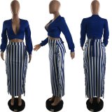 Women Casual Solid Top and Tassel Pants Two-piece Set